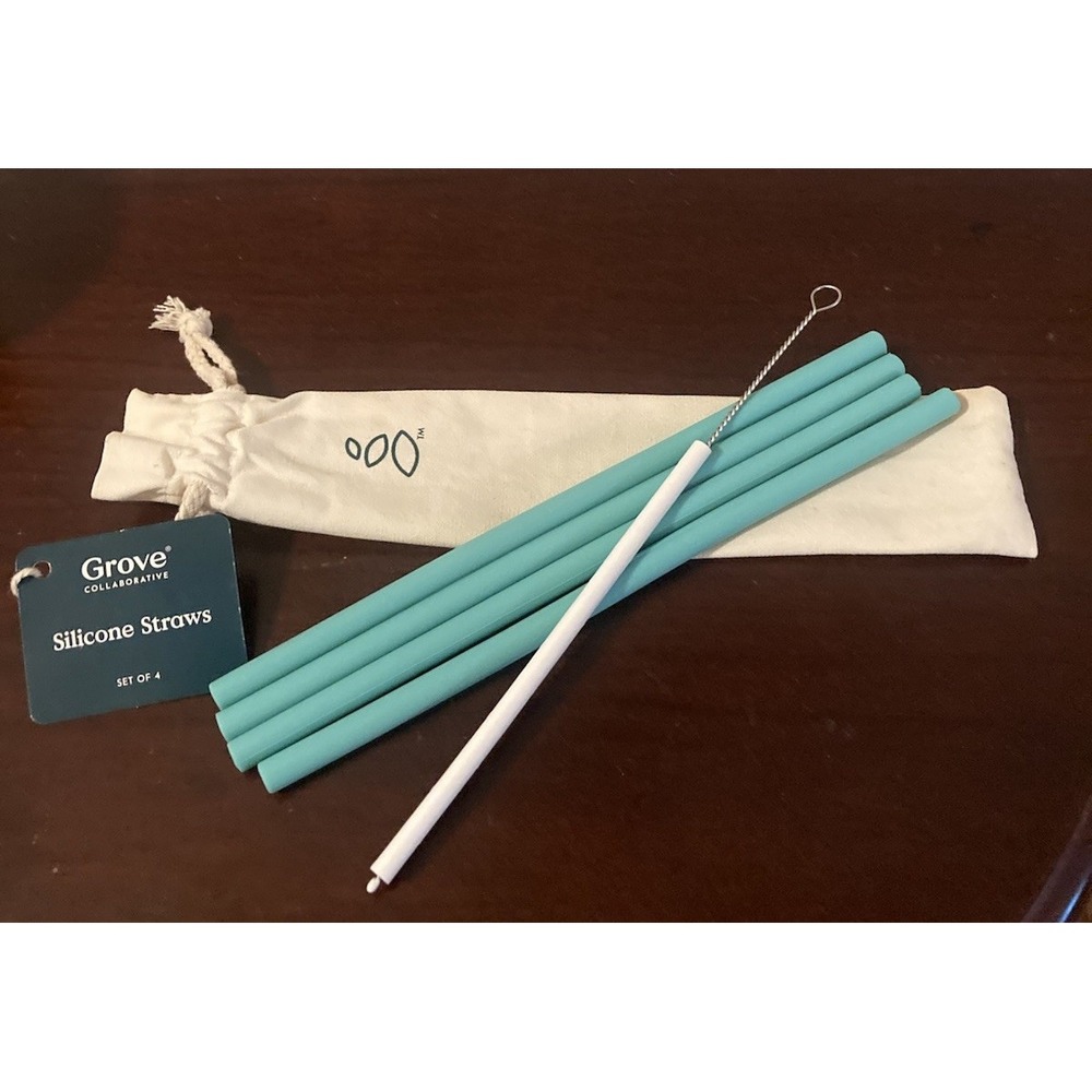 NEW Set 4 Grove Silicone Straws Cleaning Tool Turquoise & Storage‎ Bag